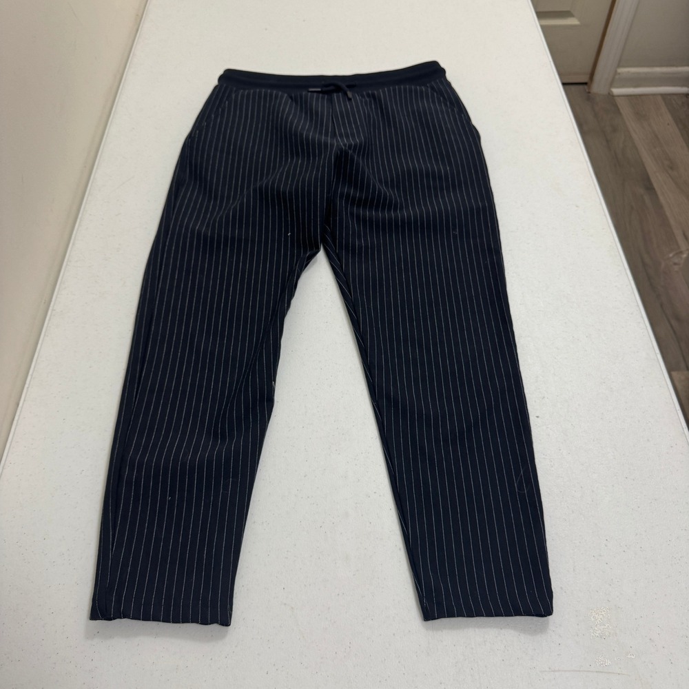 Zara Mens Pinstripe Tapered Jogger Trousers Black White Size M Drawstring Waist